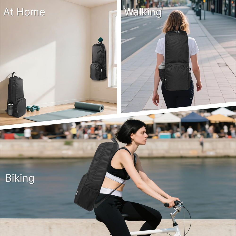 Tangoner worn by commuter with mat, showing compact vertical carry convenience