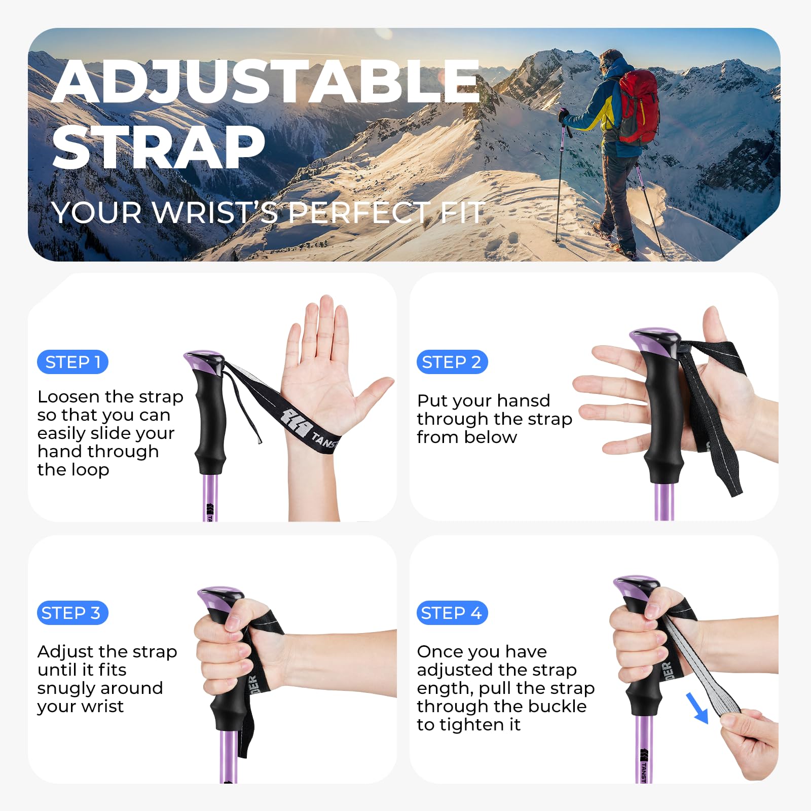 TANSTRIDER length adjustment scale highlighting 43 to 53 inch versatility