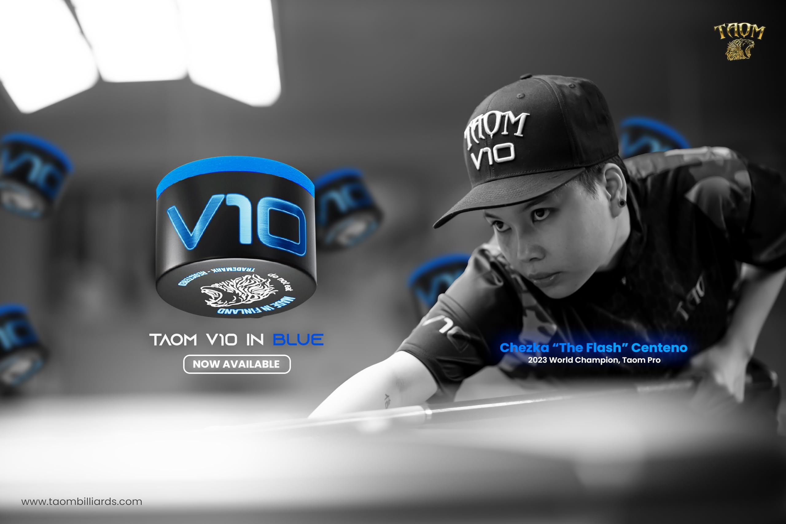 TAOM V10 on pool table illustrating low-residue chalk that keeps felt cleaner