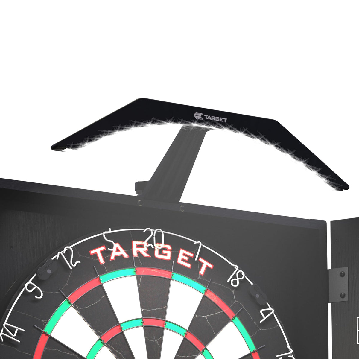 Target Darts Arc front-mounted on cabinet providing even board lighting