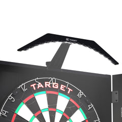 Target Darts Arc front-mounted on cabinet providing even board lighting