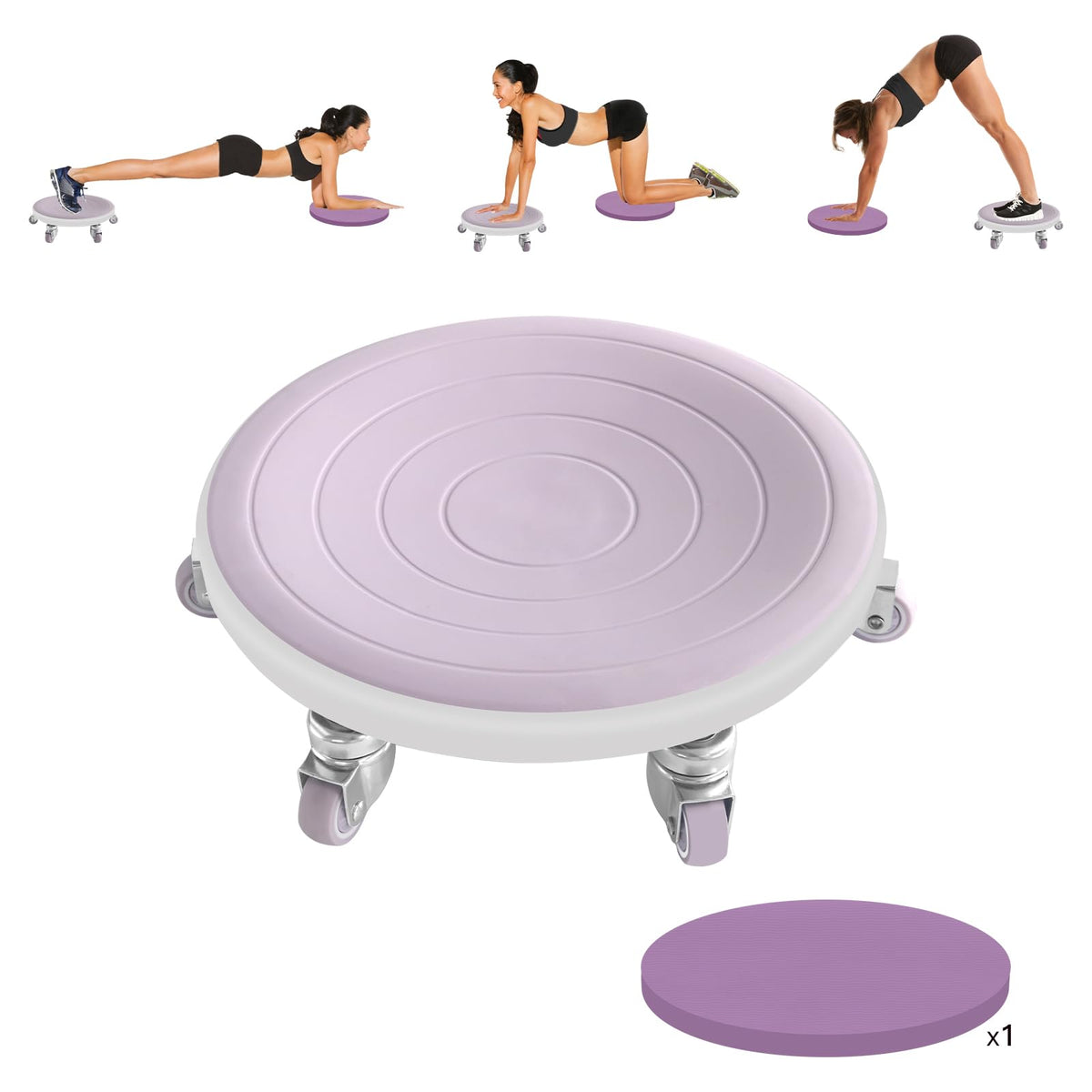 Tasidingster front view showing purple six-wheel ab roller and handles for stable workouts