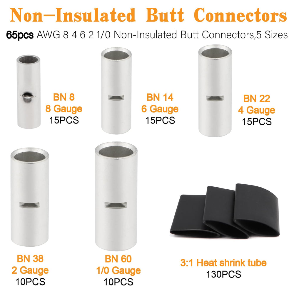 Taukealugs detail of non-insulated butt connectors showing smooth barrels