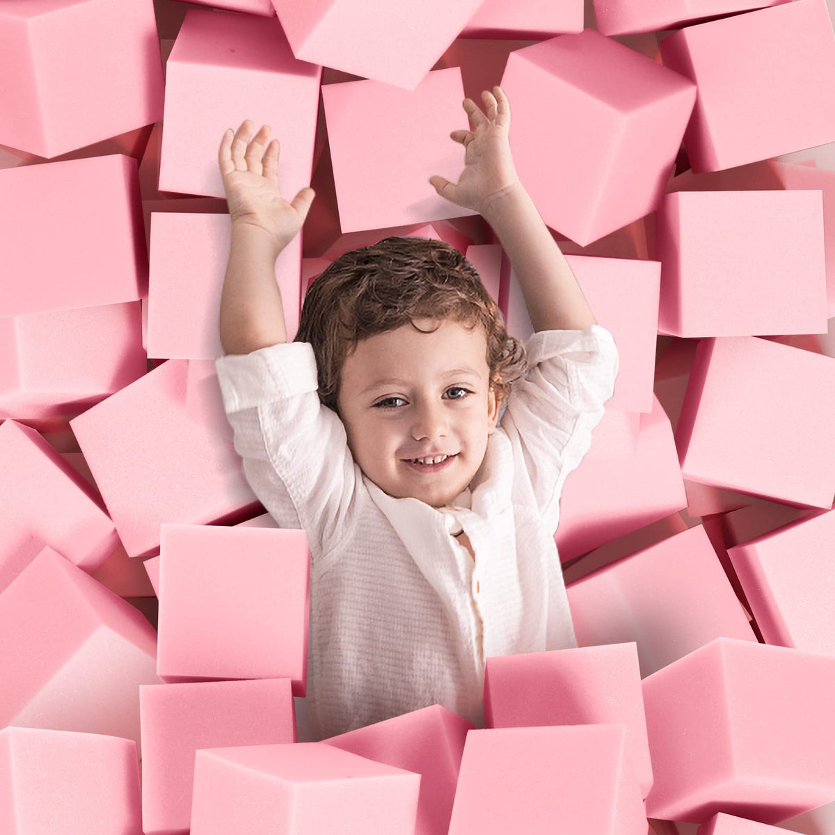 TAYUQEE front packaging of 24 pink foam pit cubes showing set benefit cushioning