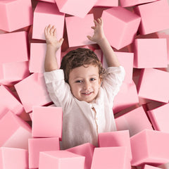 TAYUQEE front packaging of 24 pink foam pit cubes showing set benefit cushioning