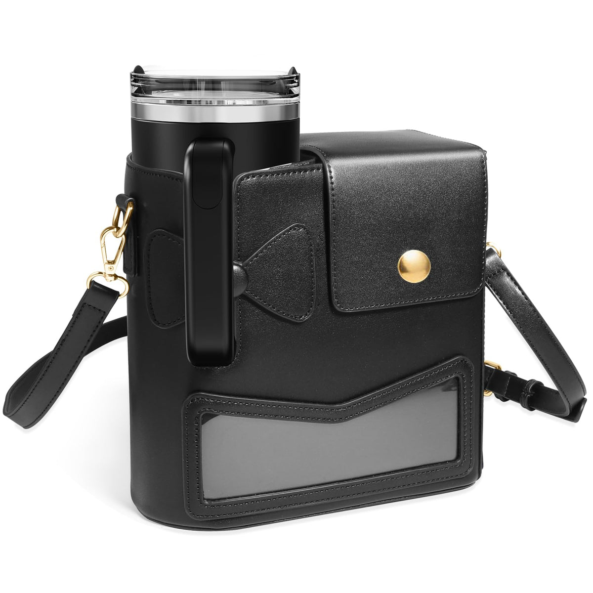 TCJJ front view of crossbody bag showing sleek exterior and secure bottle fit benefit
