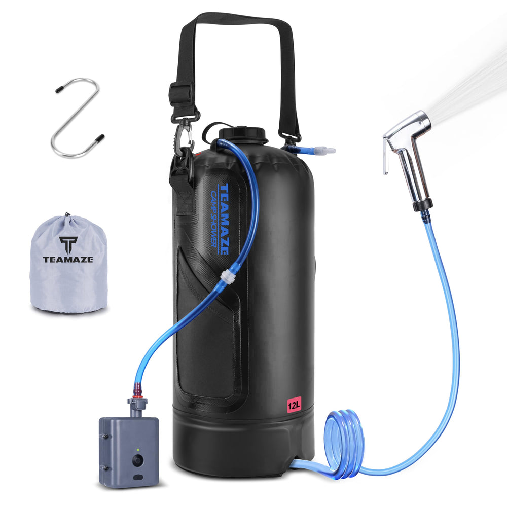 Teamaze front view of filled shower bag showing easy setup and portability