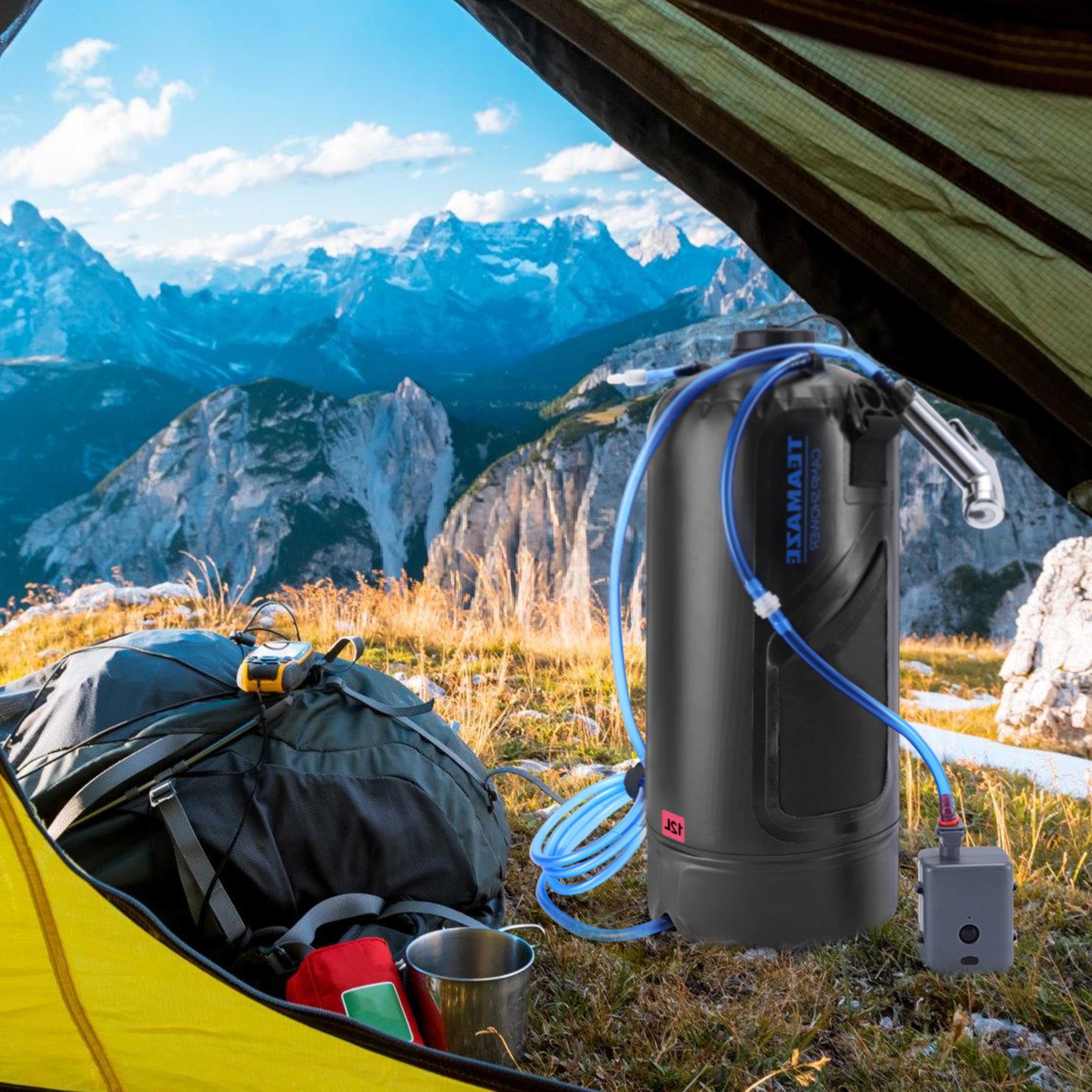 Teamaze next to a water bottle illustrating 12L capacity and scale