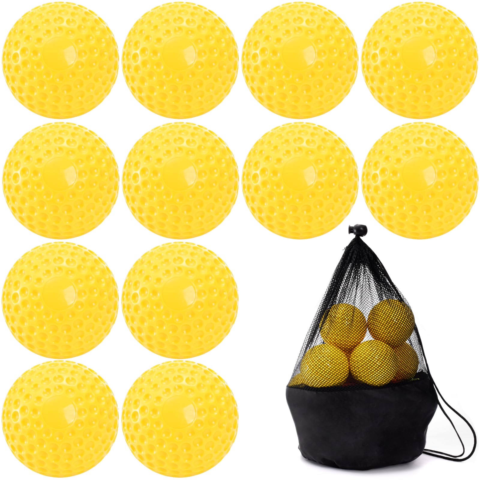 Tebery front pack view showing the 12 bright yellow pitching machine baseballs and bag for easy identification
