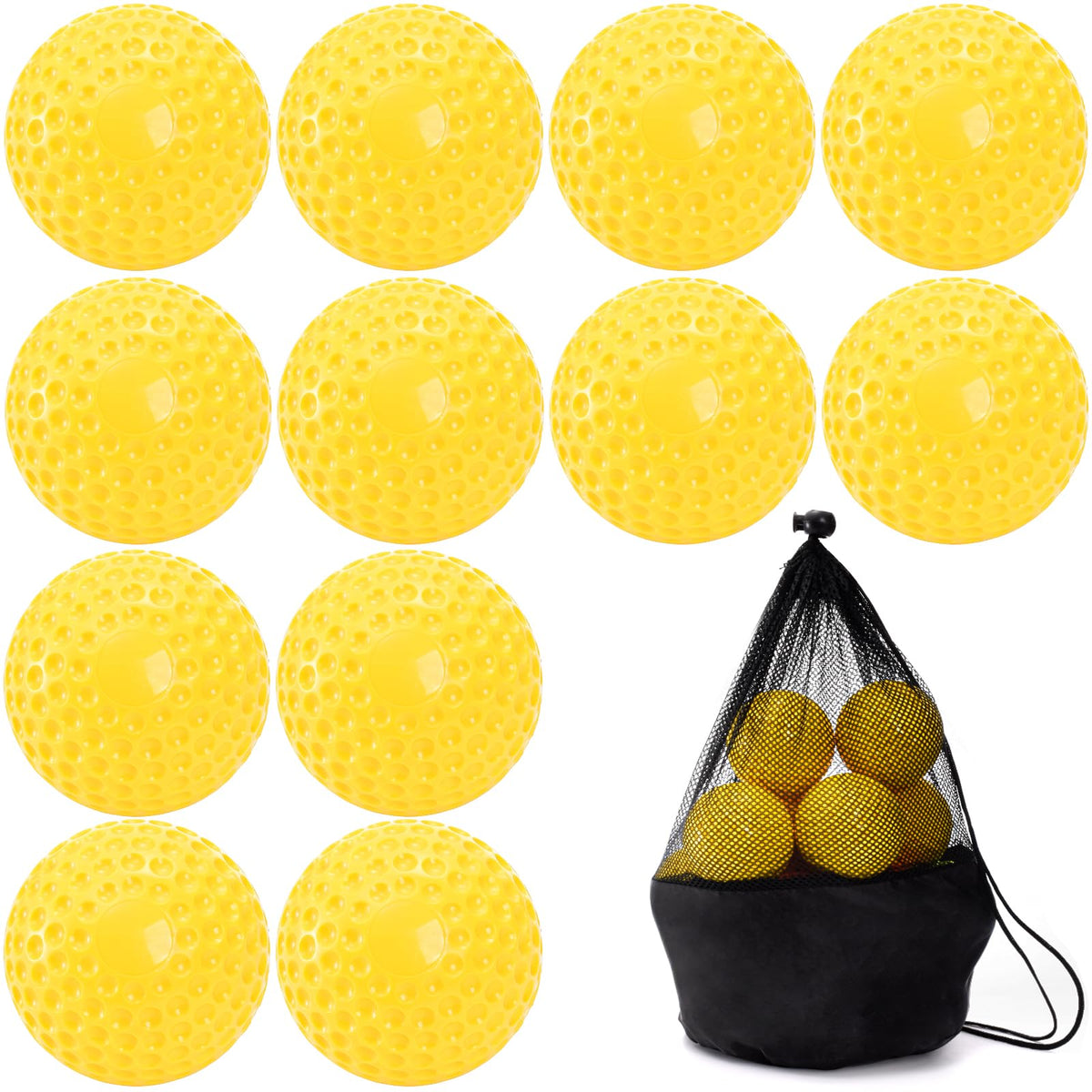 Tebery front pack view showing the 12 bright yellow pitching machine baseballs and bag for easy identification