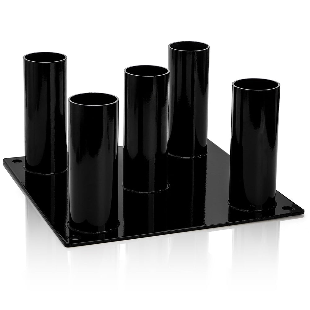 Tebery front view of barbell stand showing five vertical slots and neat storage benefit