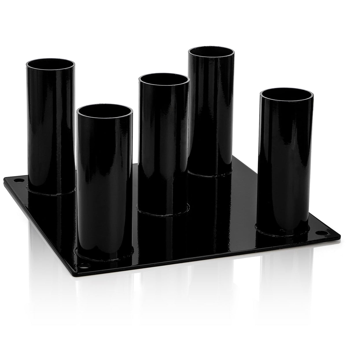 Tebery front view of barbell stand showing five vertical slots and neat storage benefit