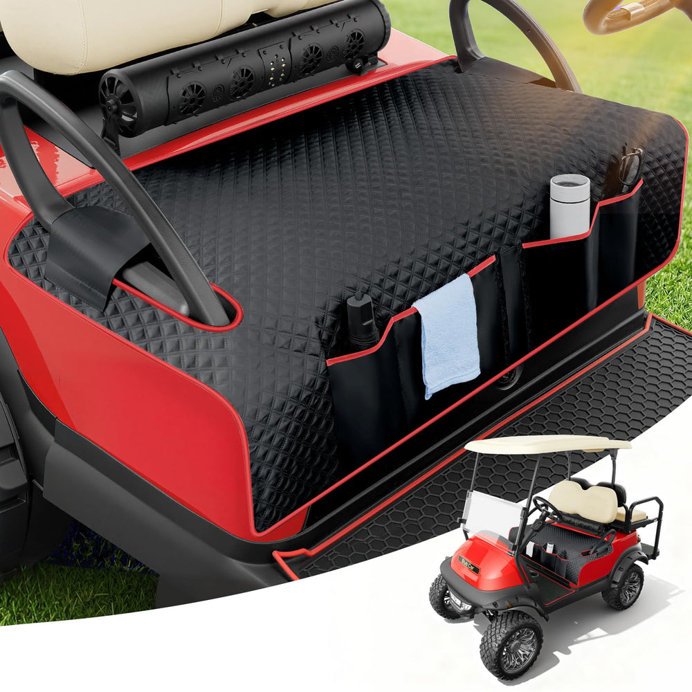 Tecoom front view seat cover showing full coverage and neat pockets for easy organization