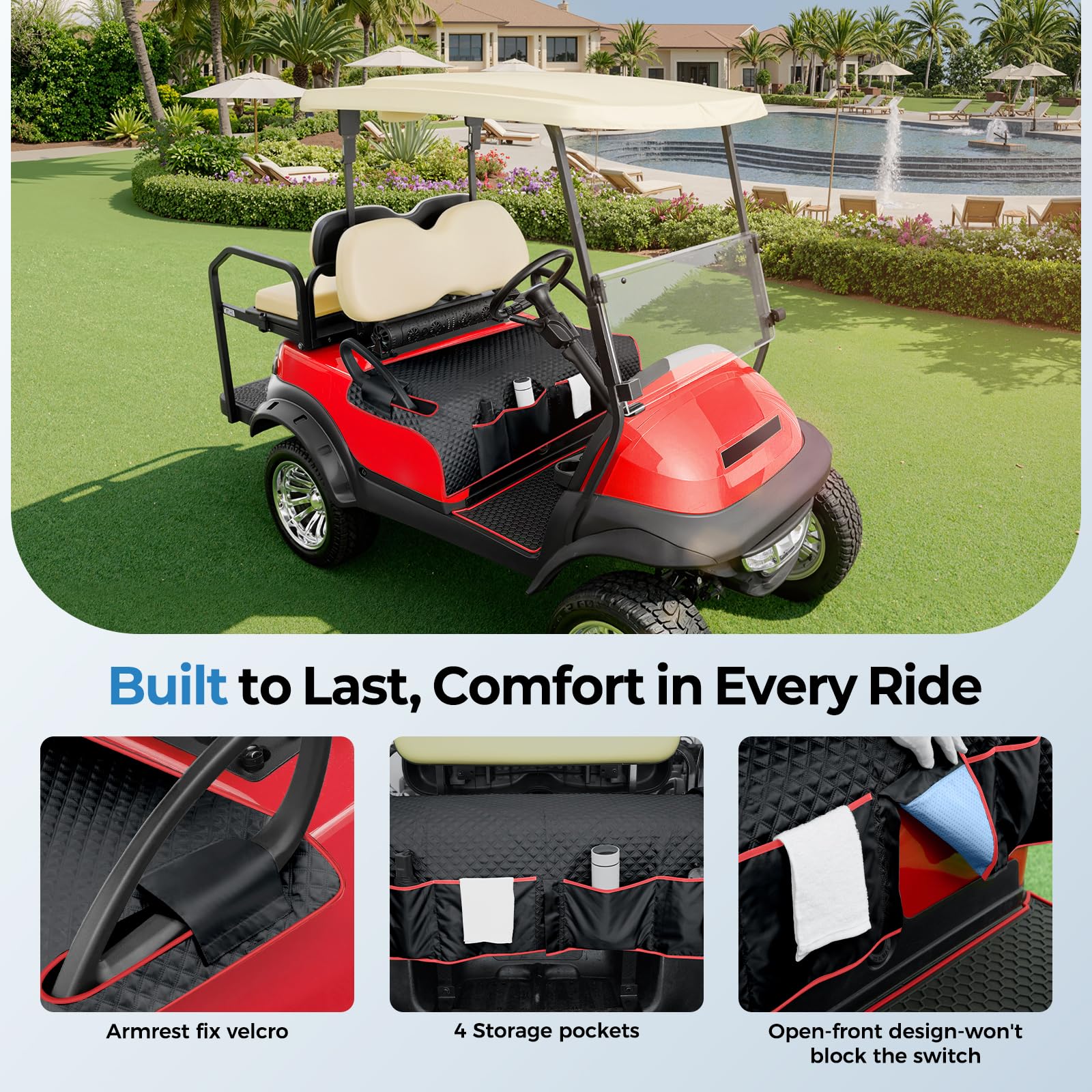 Tecoom non-slip back lining visible to provide reliable grip on cart seats