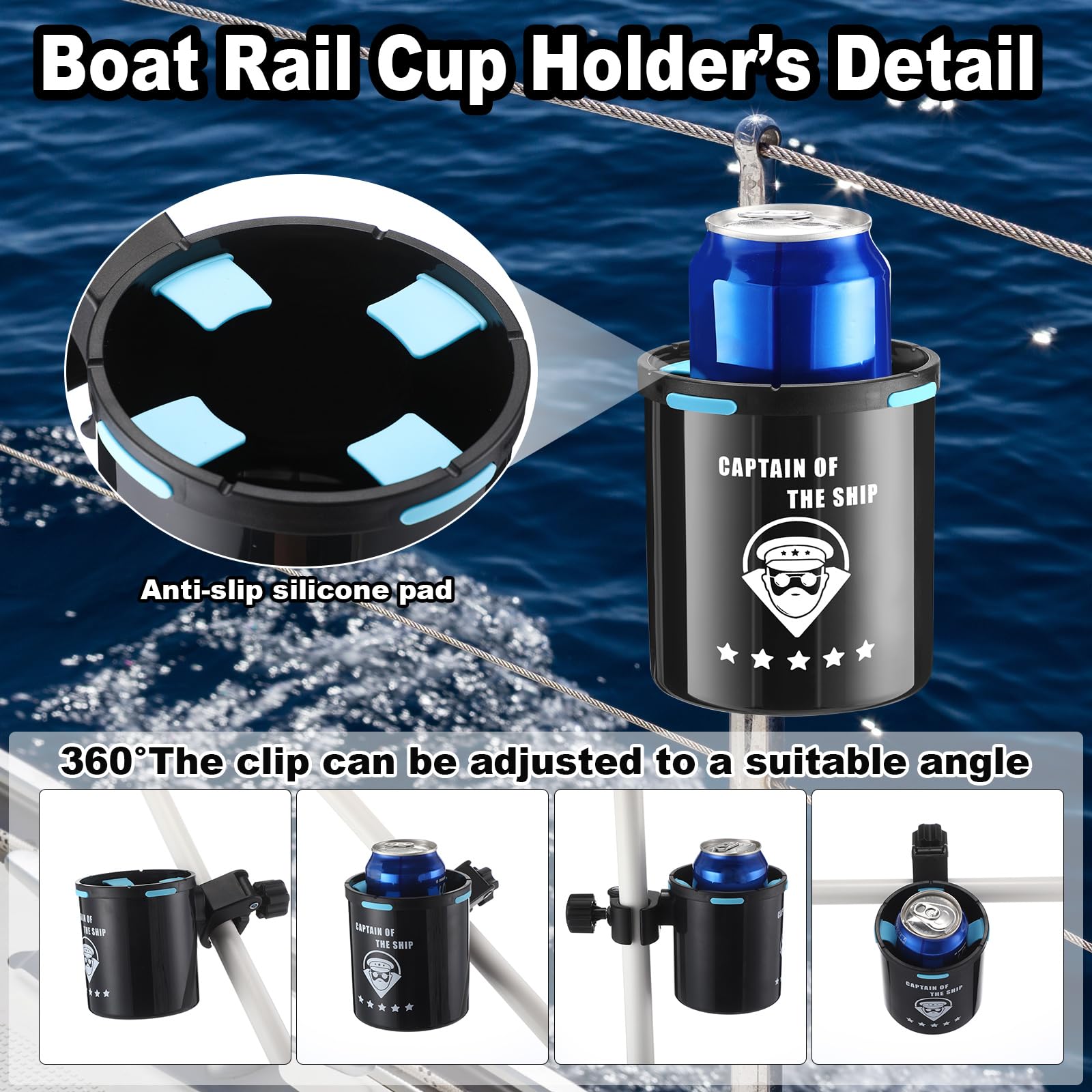 Teenyyou mounted on boat rail side view demonstrating stable drink placement
