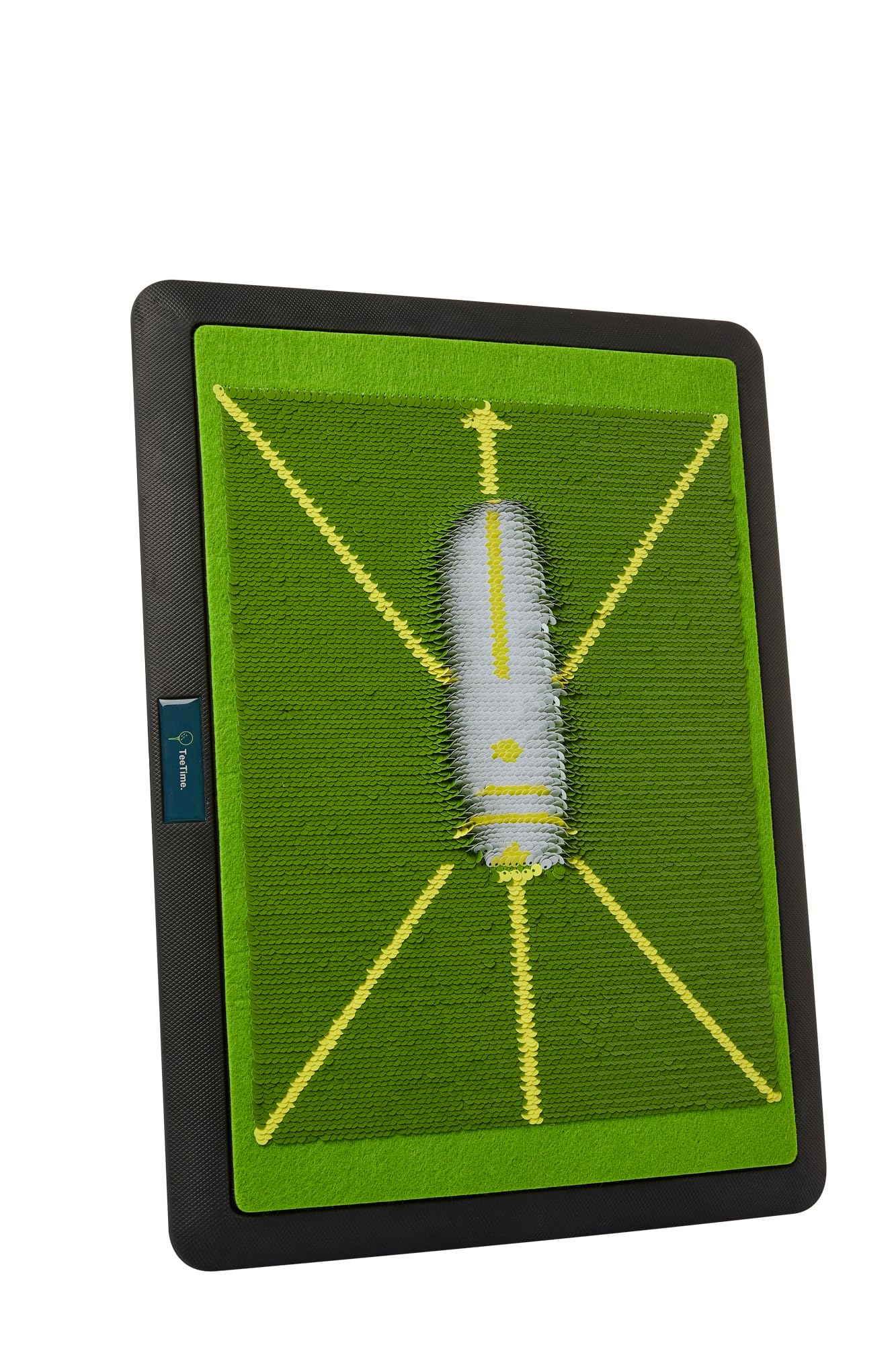 TeeTime front view of green sequin mat showing overall design and portability benefit
