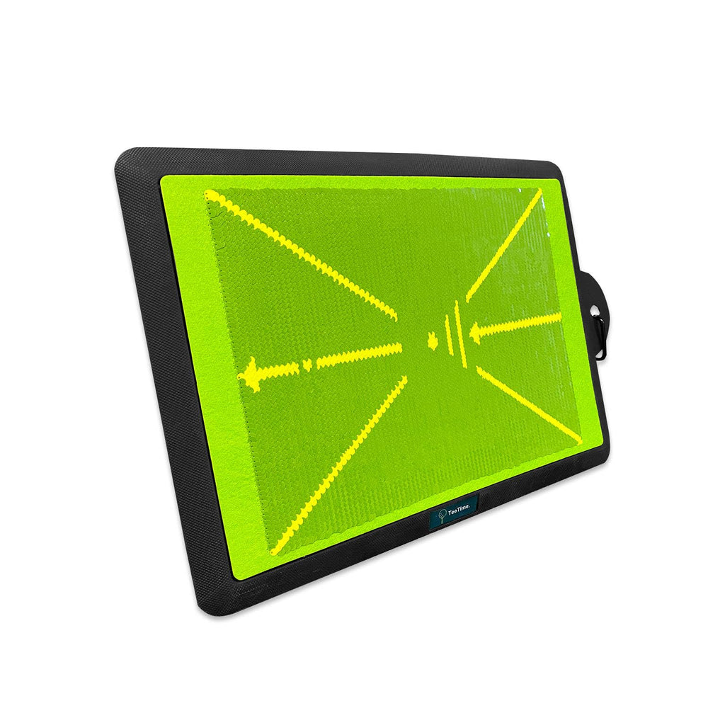 TeeTime mat clipped to a golf bag showing easy transport and storage benefit
