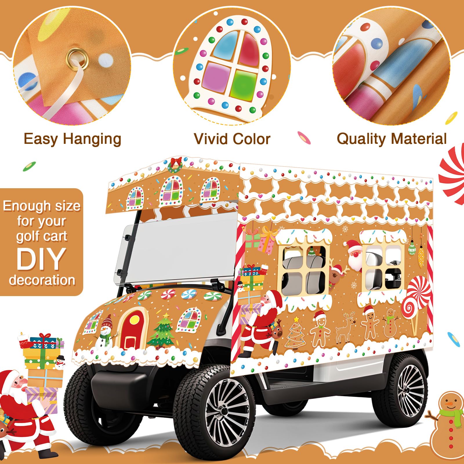 Tegeme fabric detail showing gingerbread and candy pattern for vibrant visuals