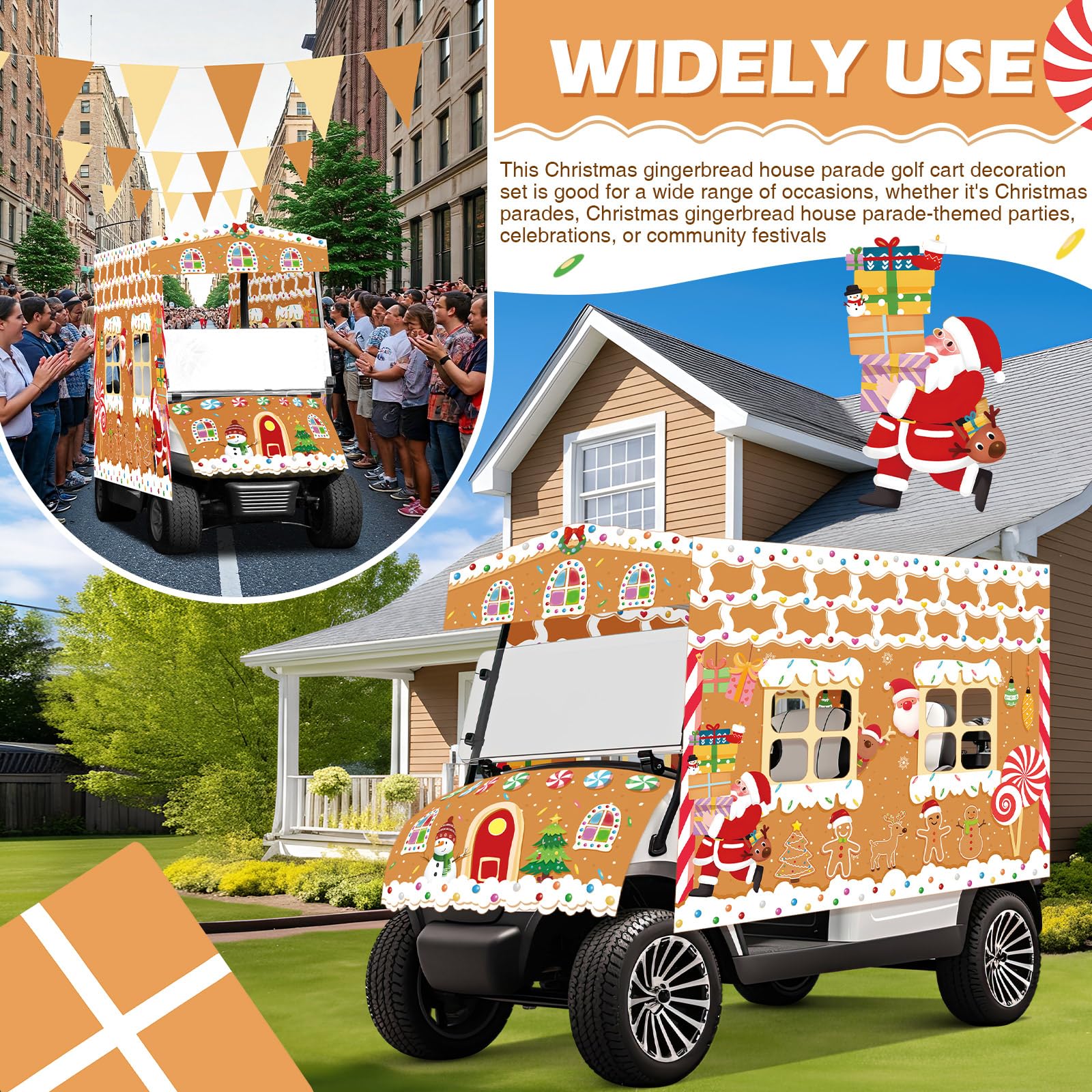 Tegeme golf cart in parade setting creating eye-catching seasonal atmosphere