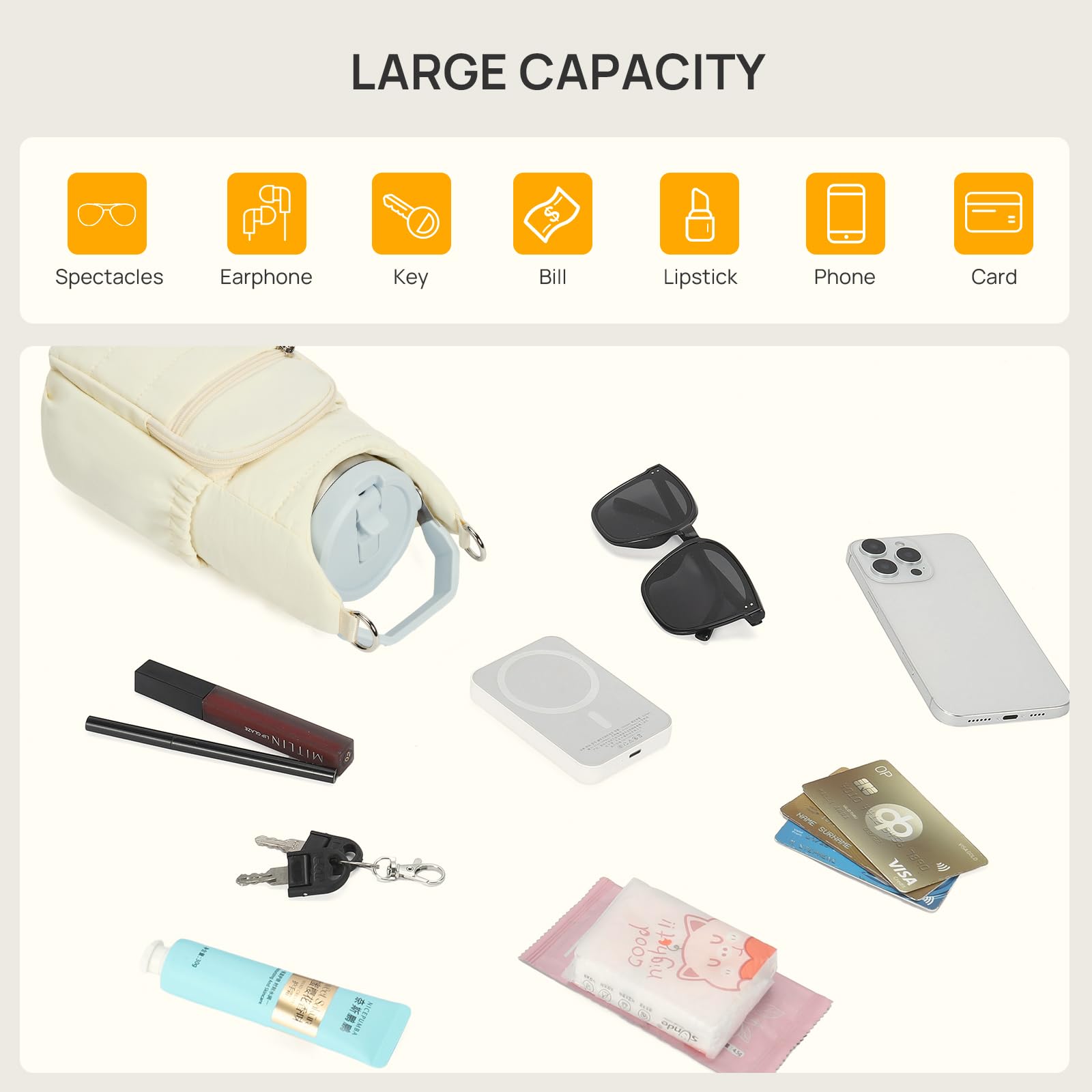 Telena side pocket holding earbuds and keys for quick access on the go