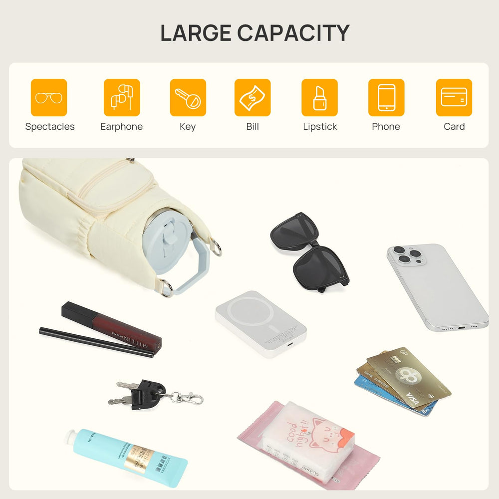 Telena side pocket holding earbuds and keys for quick access on the go