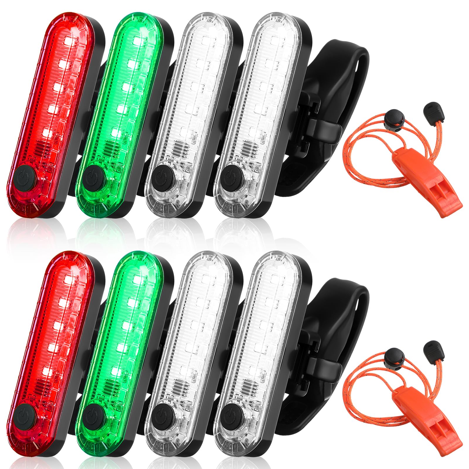 Tellegloww kit front view showing all eight lights and whistles for preparedness