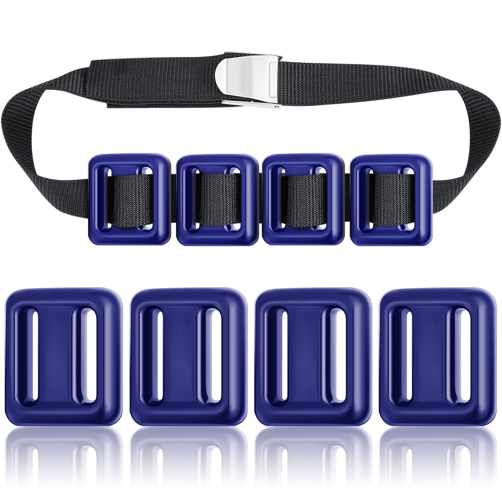 Tellegloww front view of four-piece dive weight set and nylon belt showing complete kit benefit