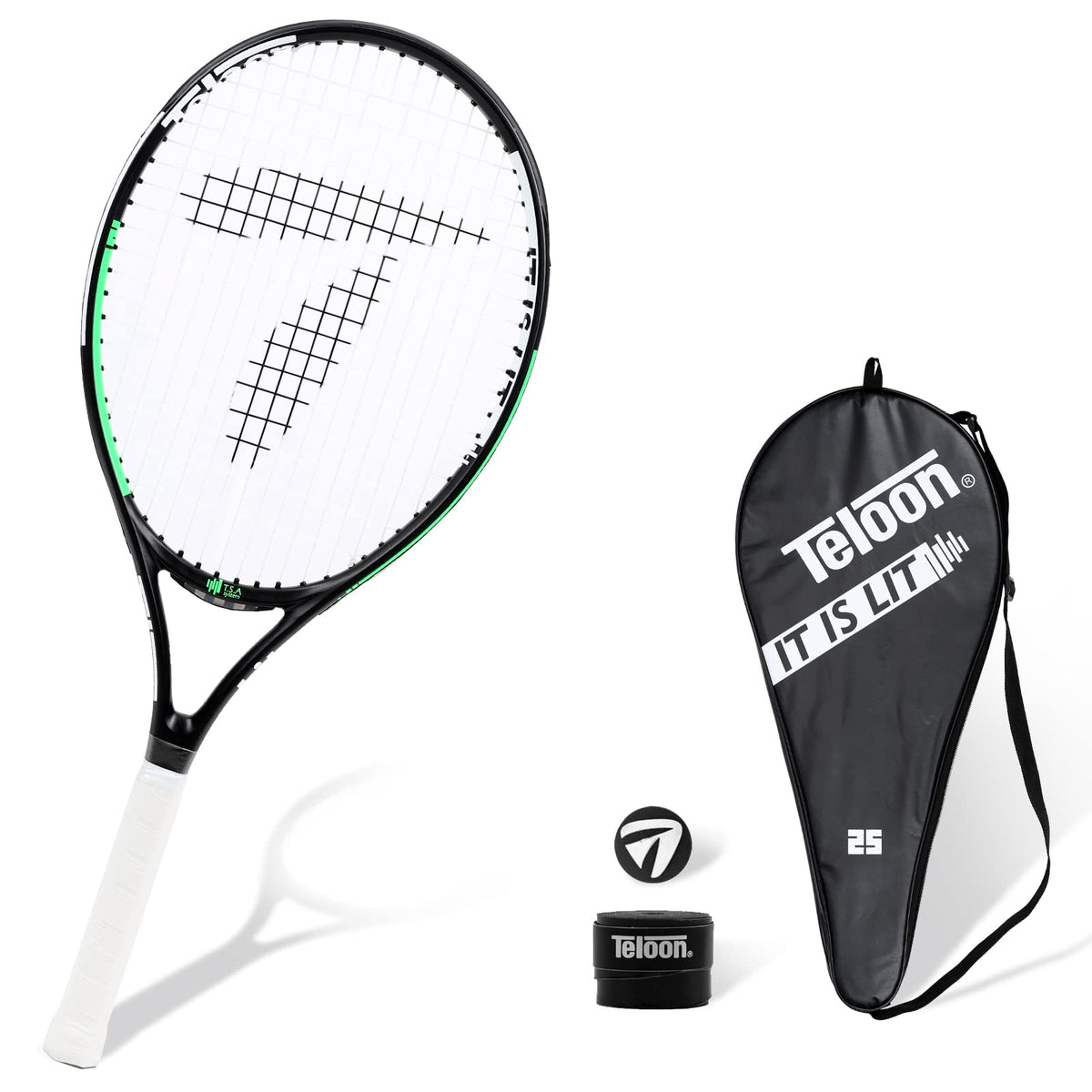 Teloon front packaging showing racquet and cover for easy storage