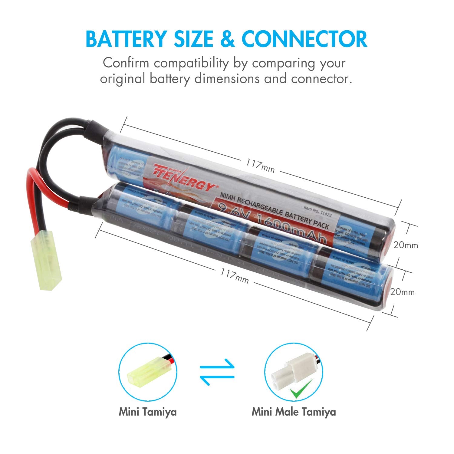 Tenergy slim battery stick detail highlighting compact form and flexible lead
