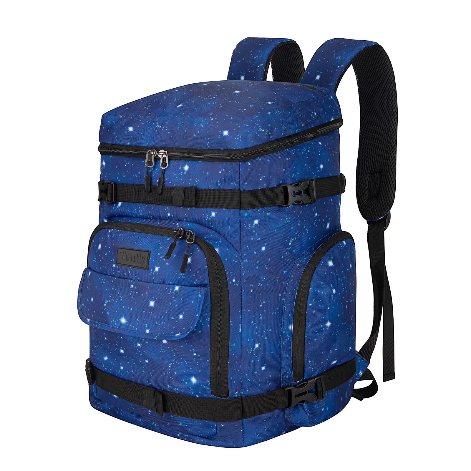 TENFLY front view showing packed 65L capacity and organized pockets for convenience