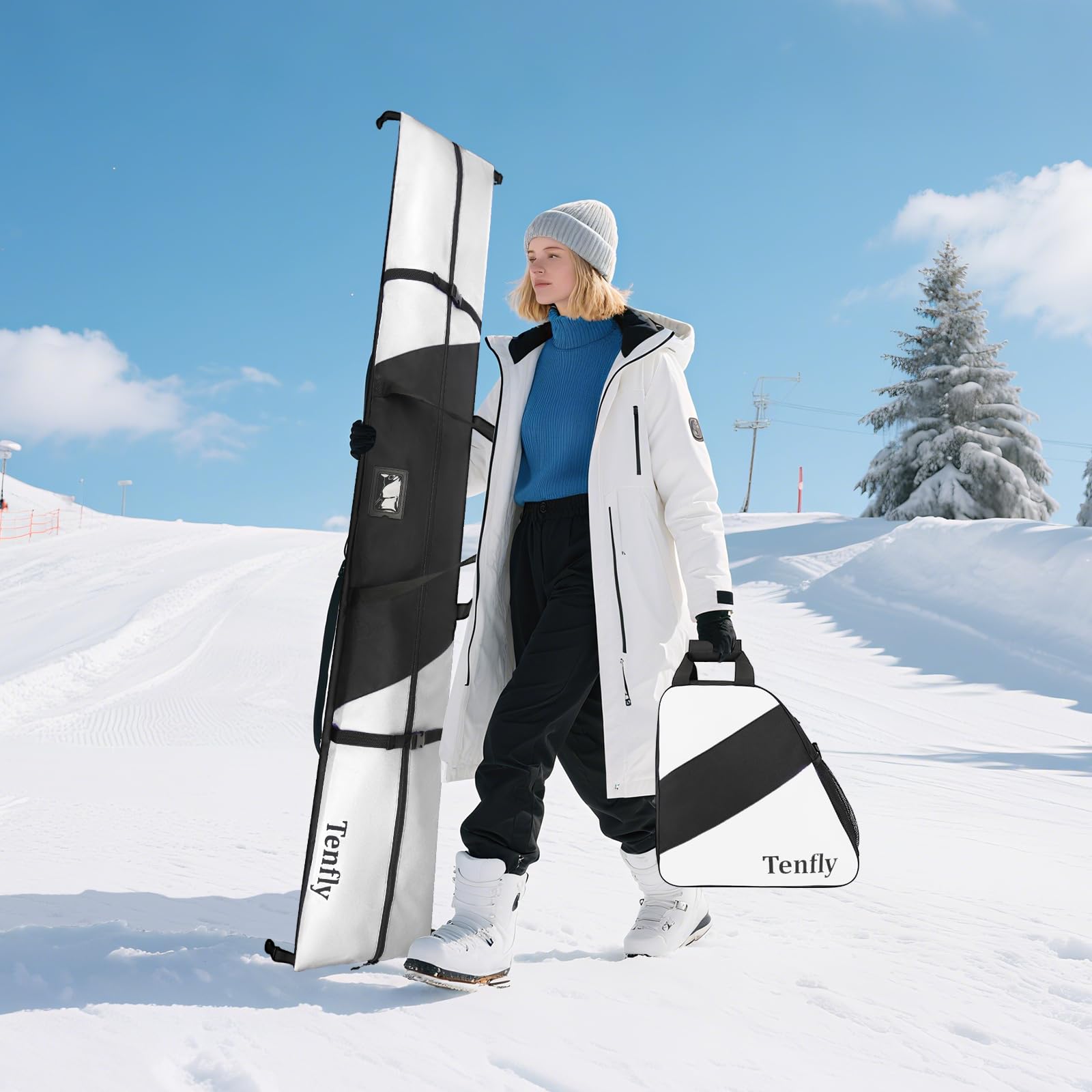 TENFLY ski and boot bags in car trunk showing compact transport benefit