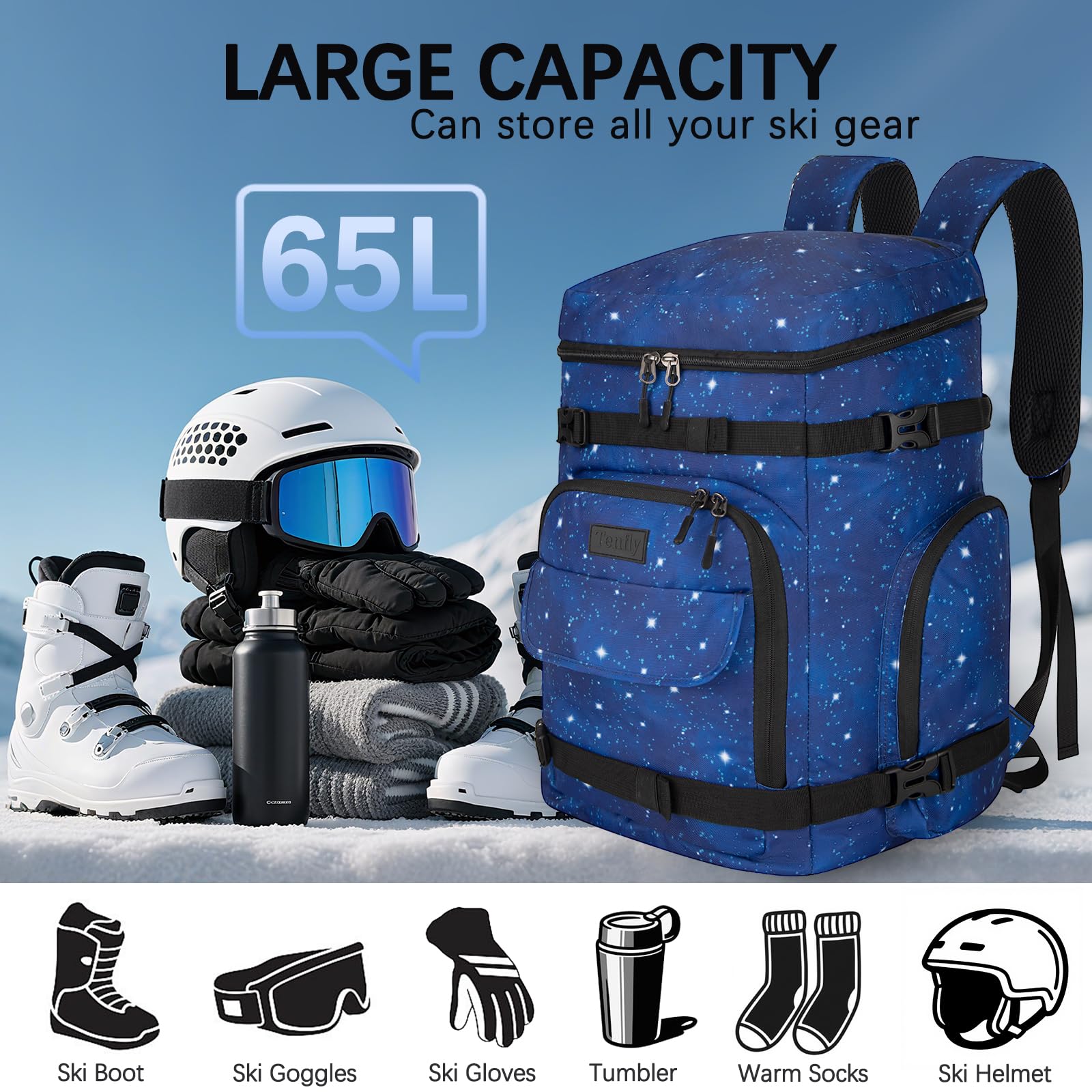 TENFLY side view with skis attached securely using heavy-duty straps for hands-free carry