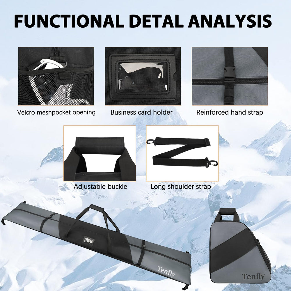 TENFLY skis and poles packed inside bag demonstrating secure travel storage