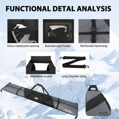 TENFLY skis and poles packed inside bag demonstrating secure travel storage