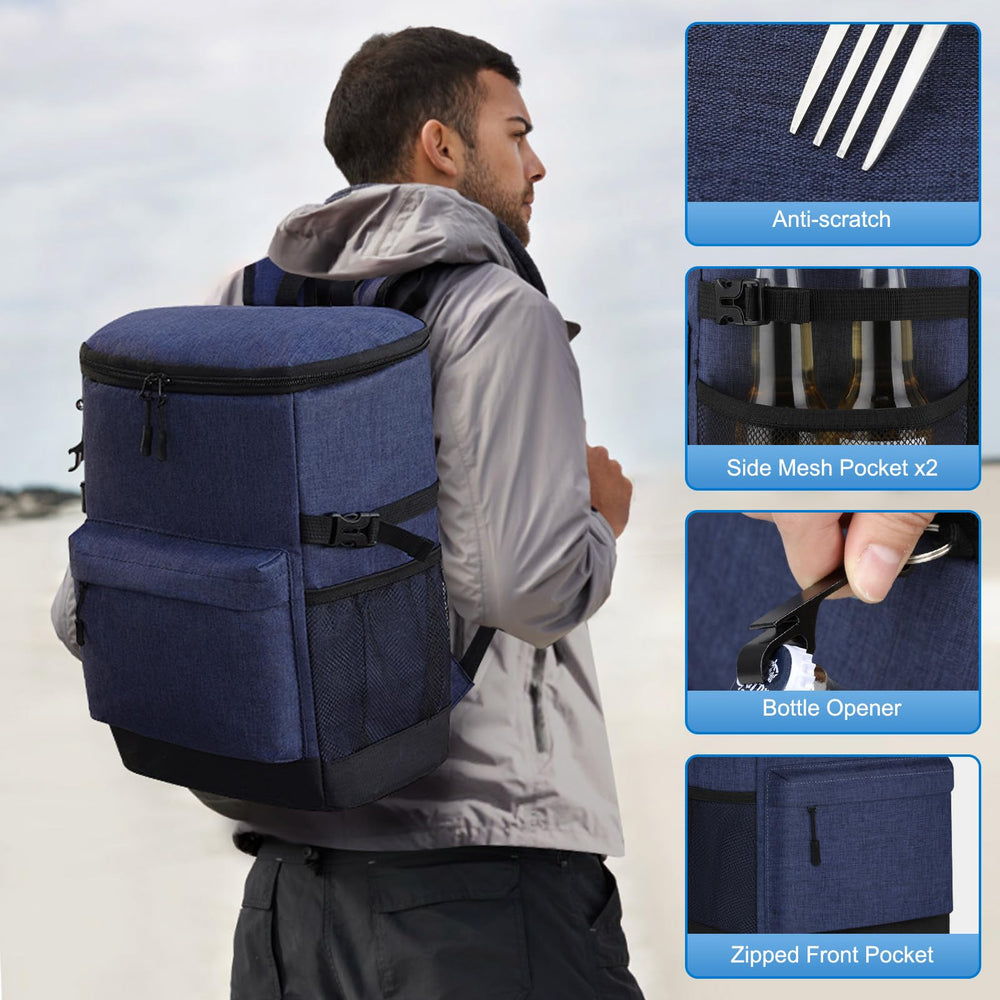 Tenot cooler backpack next to stacked cans illustrating 33–40 can capacity