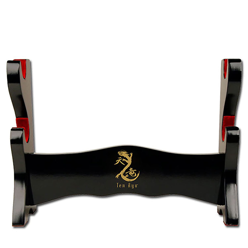 Tenryu MA-2SD front view showing black lacquer stand and two-sword display benefit