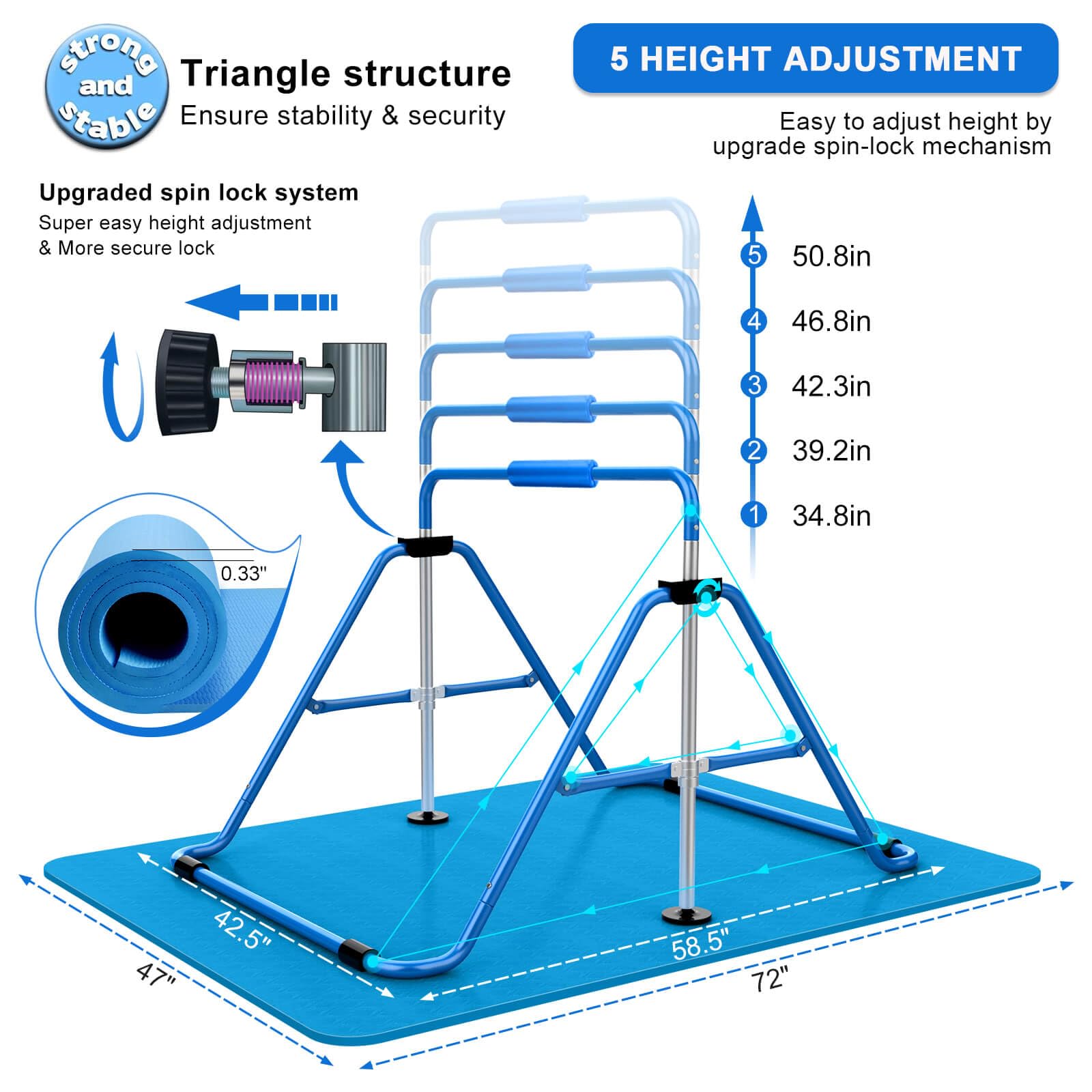 Tepemccu height adjustment mechanism showing secure locking for progressive training