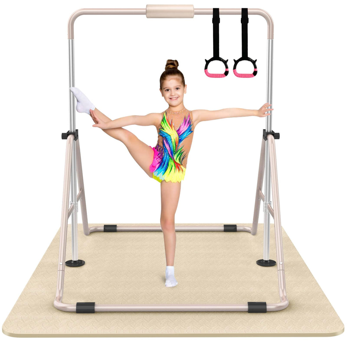 Tepemccu front view of full gymnastics bar setup showing stable frame and accessories
