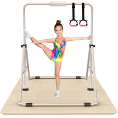 Tepemccu front view of full gymnastics bar setup showing stable frame and accessories