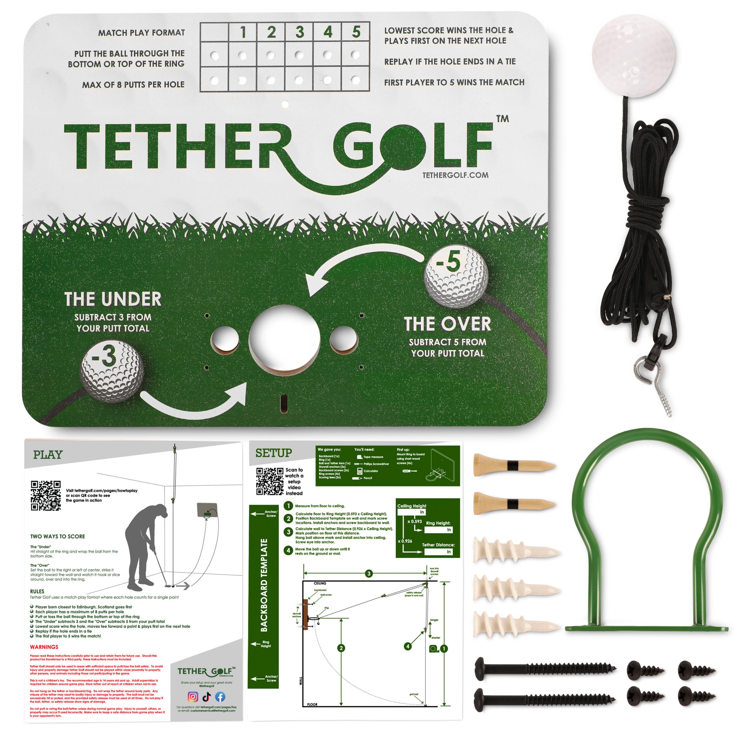 Tether Golf next to a putter for scale, Tether Golf helps you choose distance and shot type