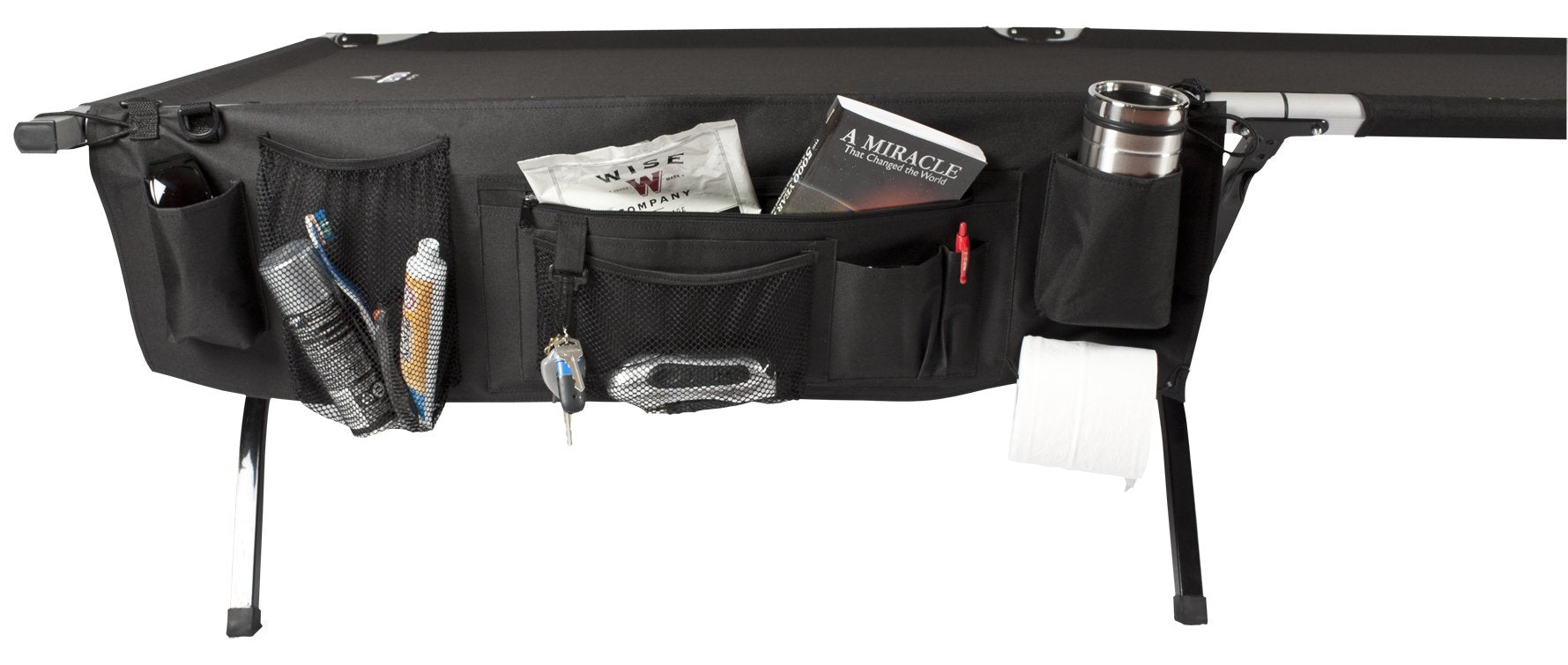 TETON Sports front view of cot organizer showing pockets and attachment straps for quick access