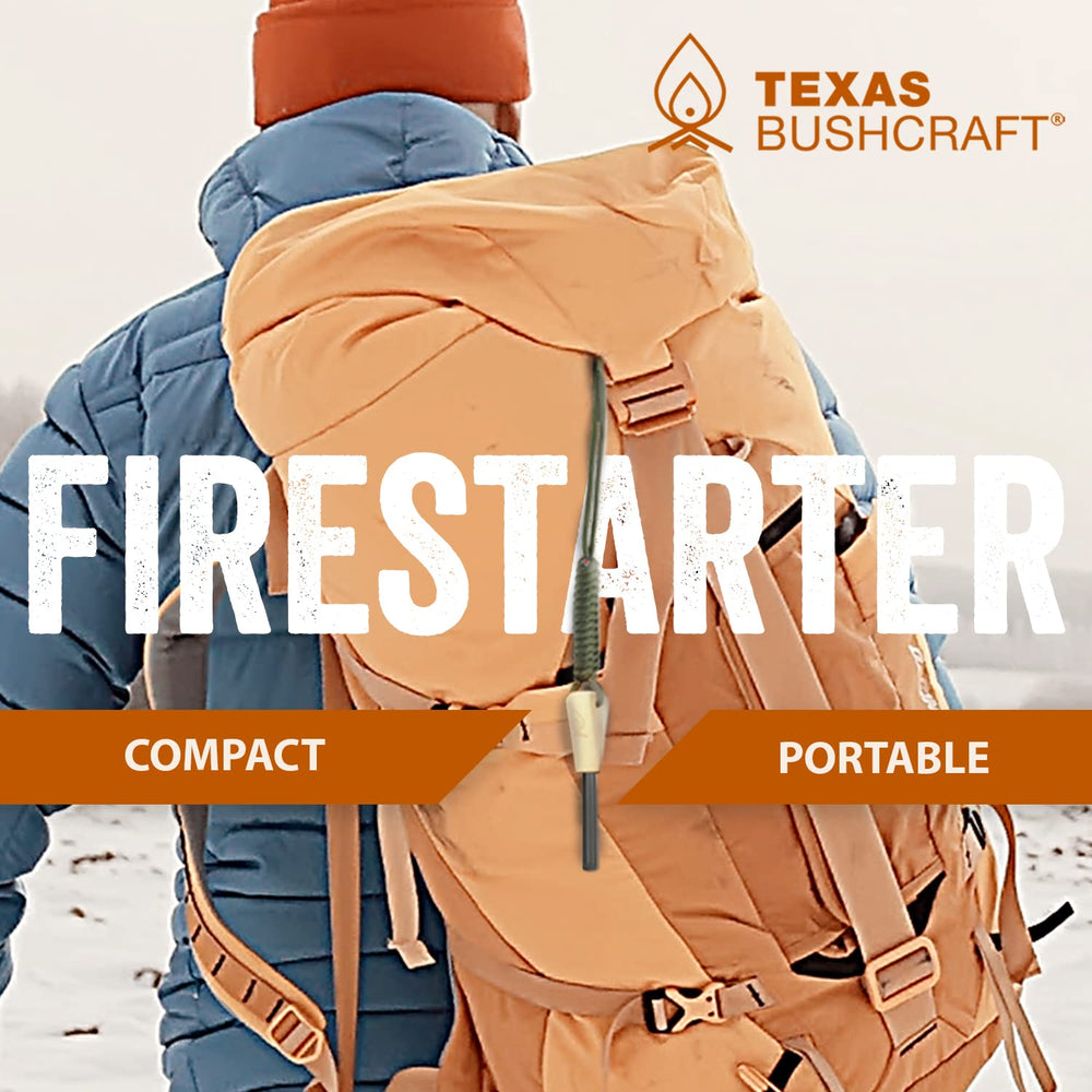 Texas Bushcraft ferro rod producing sparks to ignite tinder quickly in outdoor conditions
