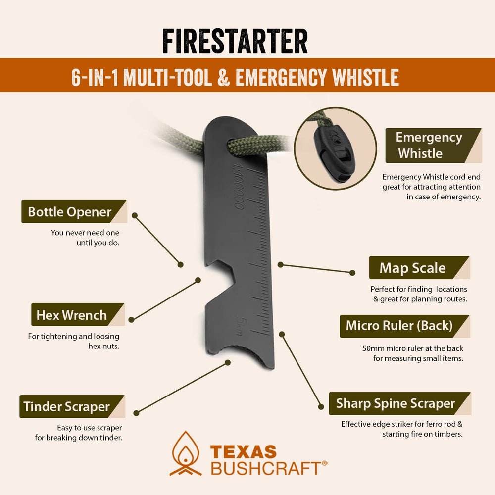 Texas Bushcraft next to pocket knife for scale, showing compact, packable fire starter
