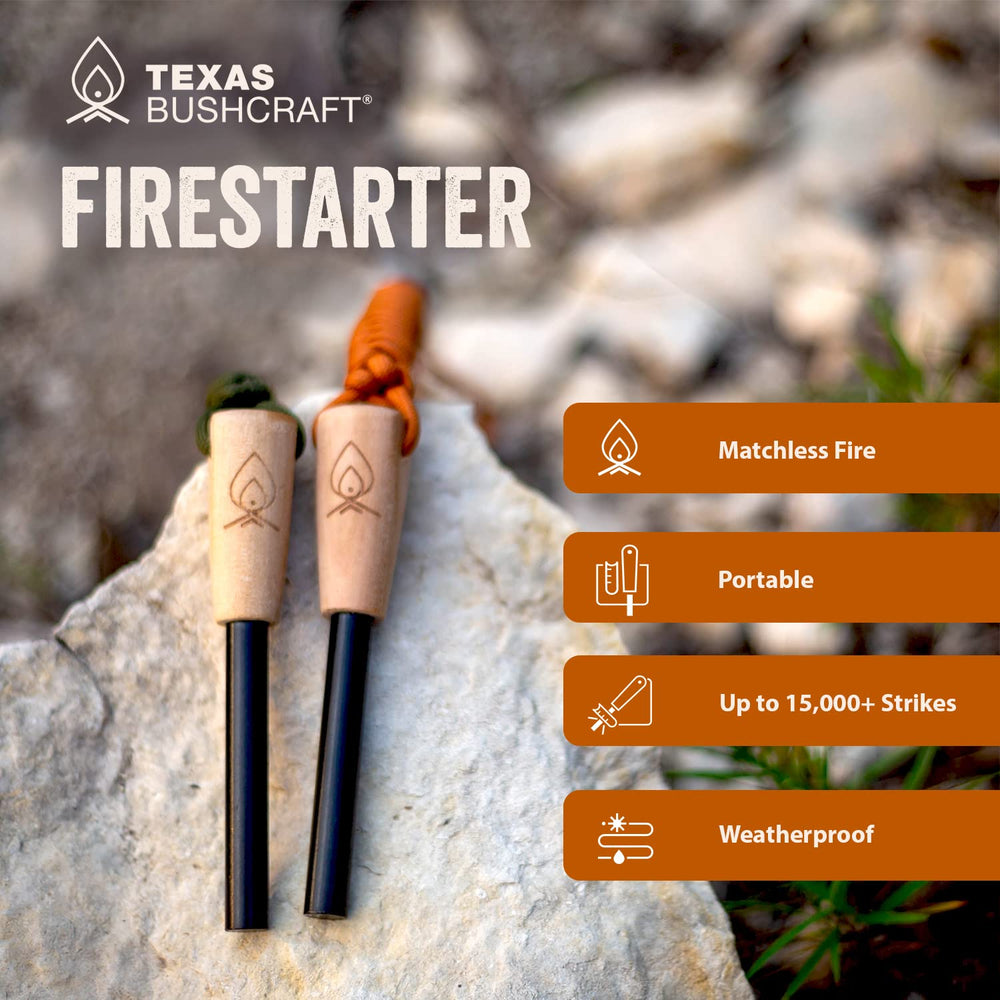 Texas Bushcraft striker and multi-tool visible, providing practical functions and quick sparks