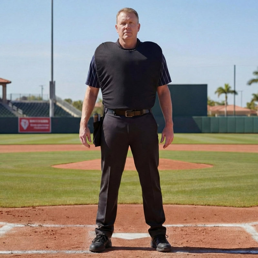 Teyva Daily worn over umpire uniform demonstrating movement freedom