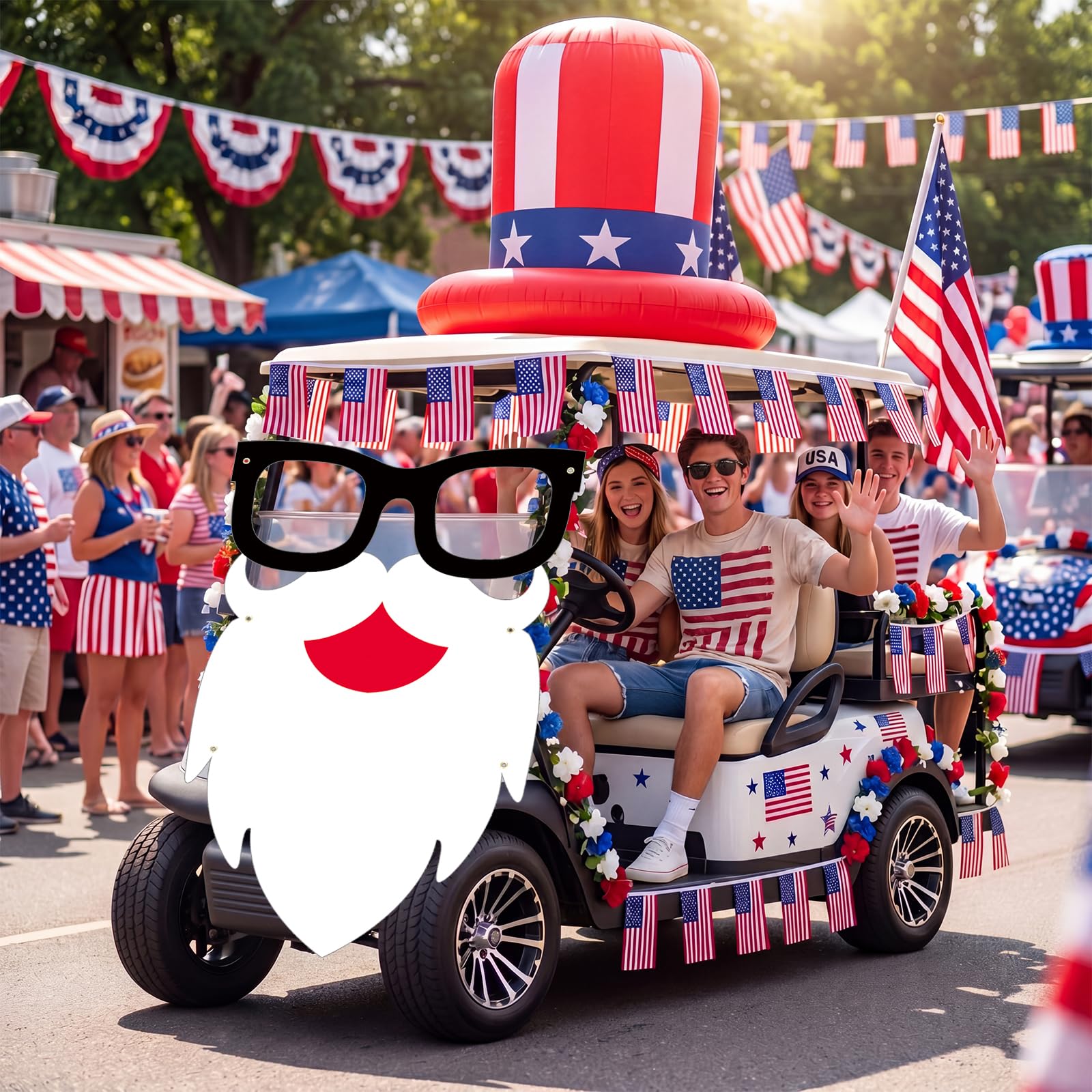 Teyva Daily American flag string installed on golf cart railing for festive coverage