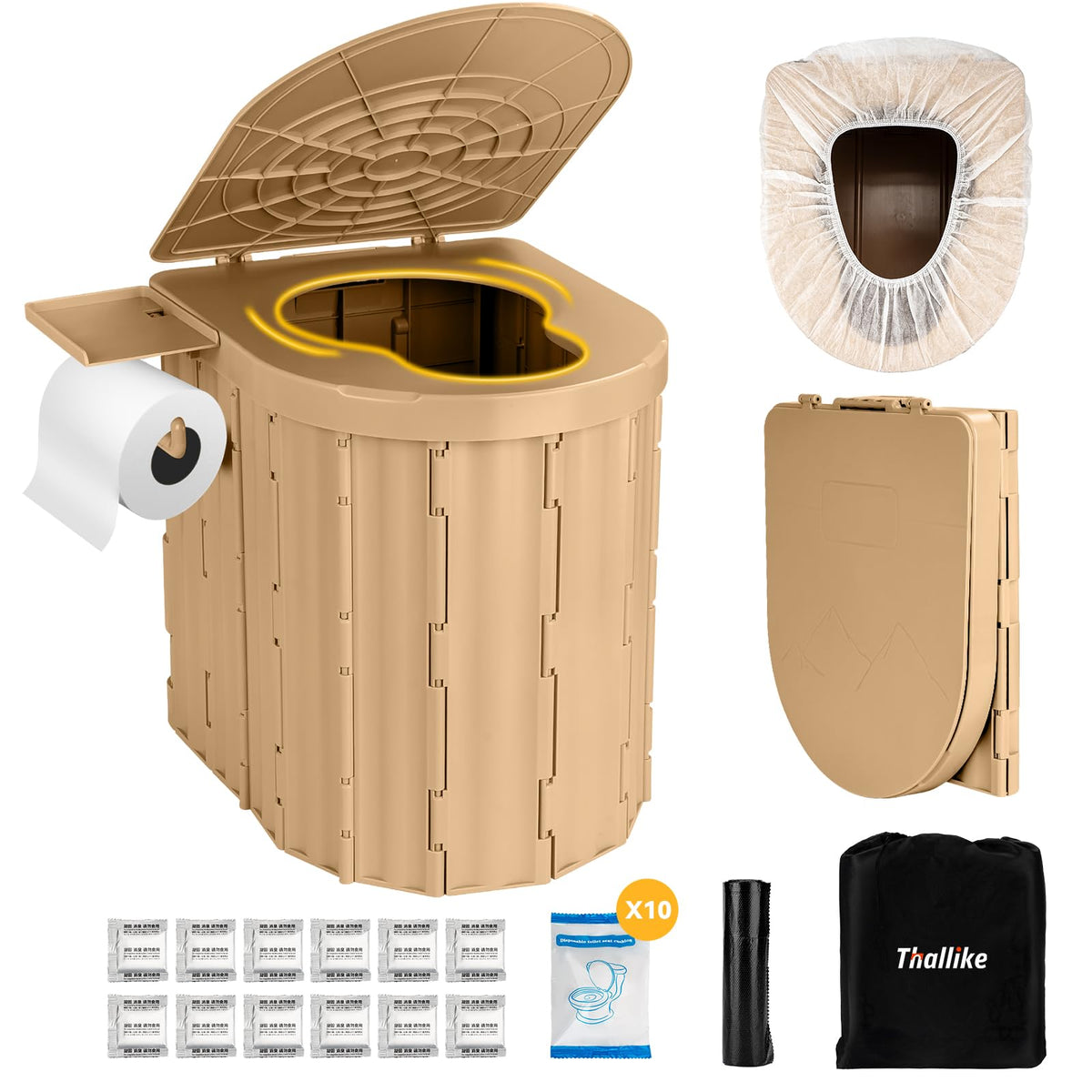 Thallike front view folded and open showing portable comfort