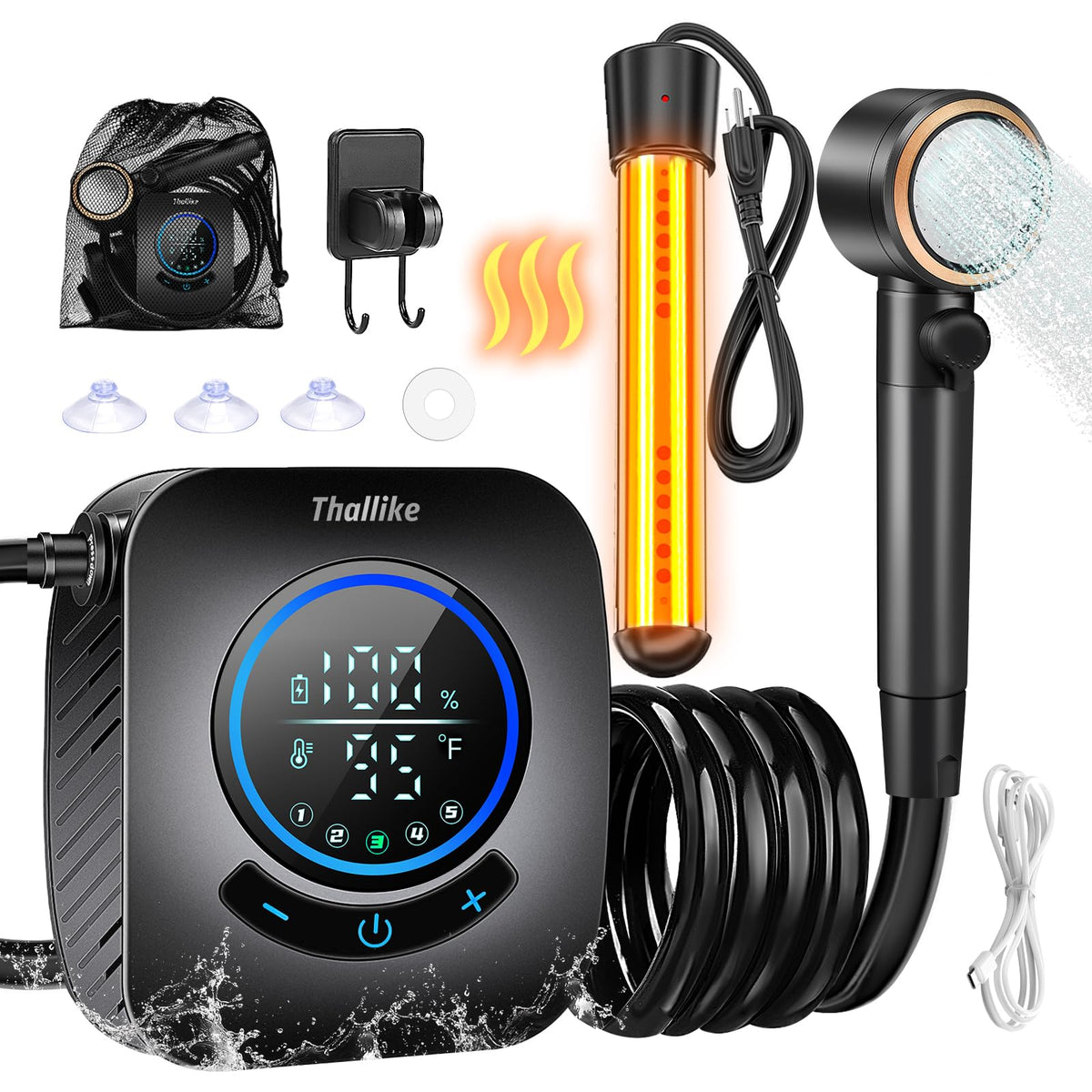 Thallike front view portable shower showing compact kit and benefits