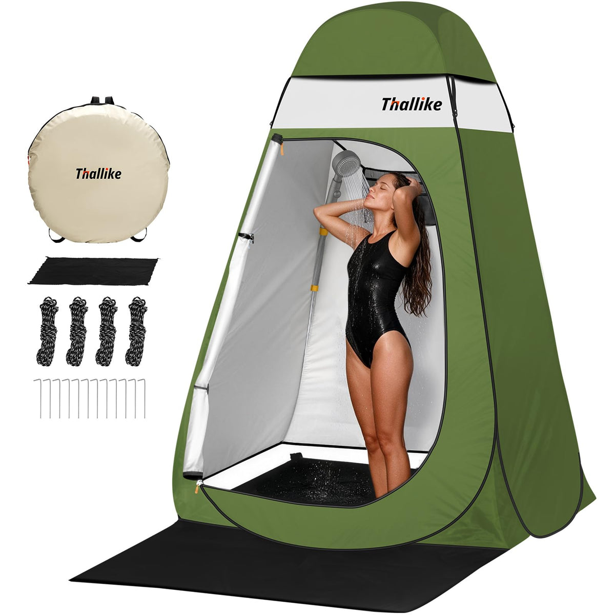 Thallike front view of pop up privacy tent showing entrance and height benefit
