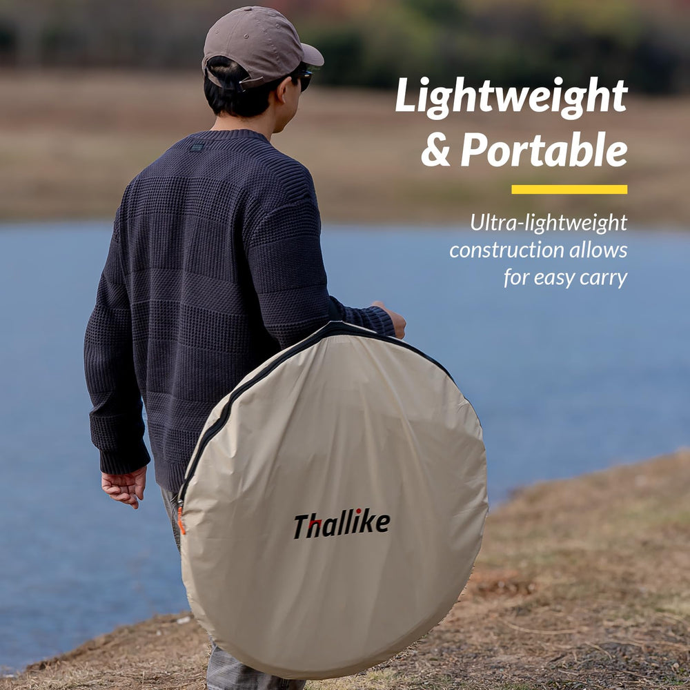 Thallike tent next to a person showing 83-inch height and full headroom